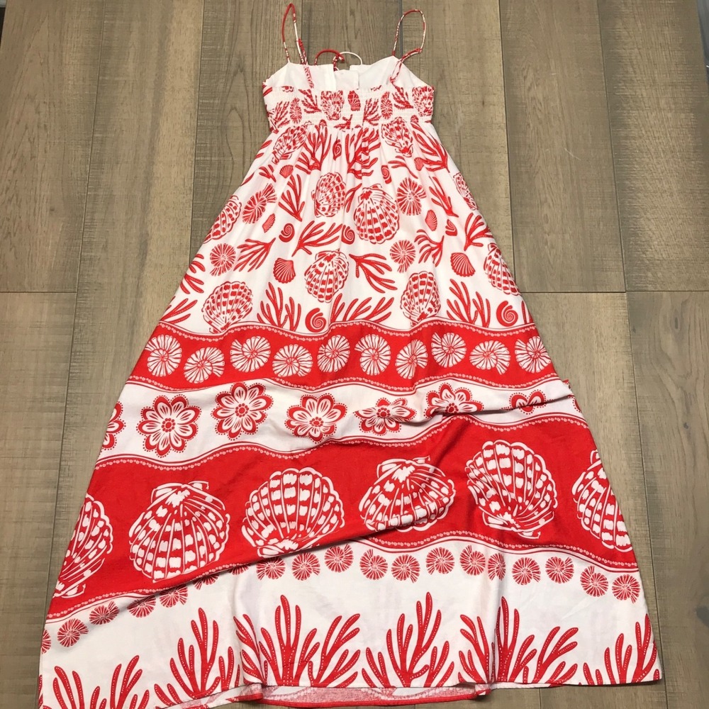 Calypso St. Barth Maxi Dress Womens Sz XS Red Shell Coral Linen Blend Beach Sea - Picture 2 of 12